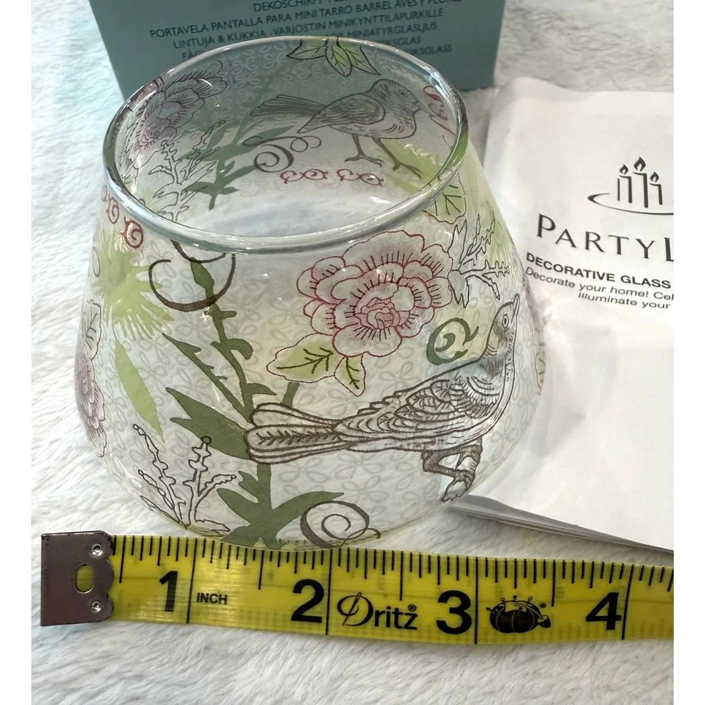 PartyLite Birds & Blooms Mini Barrel Jar Shade Clear Glass Floral P9978 Boxed - Picture 2 of 4